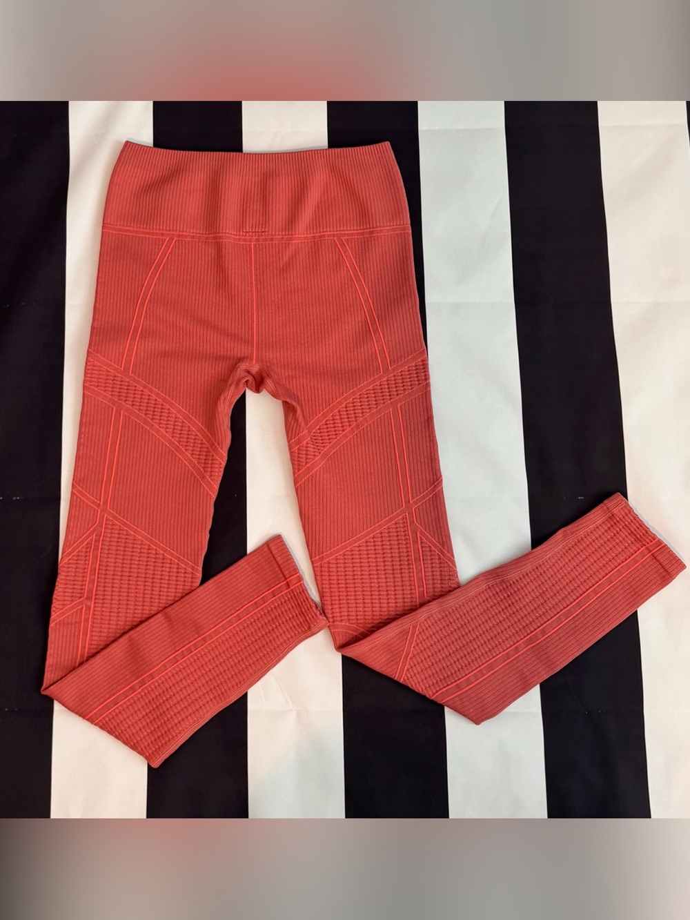Fabletics Coral-Red Ribbed Seam Detail Leggings